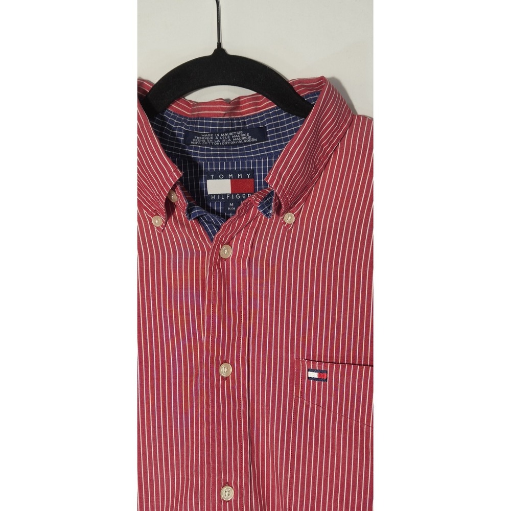 VTG Tommy Hilfiger Mens Dress Shirt Red White Vertical Striped Size M Nautical